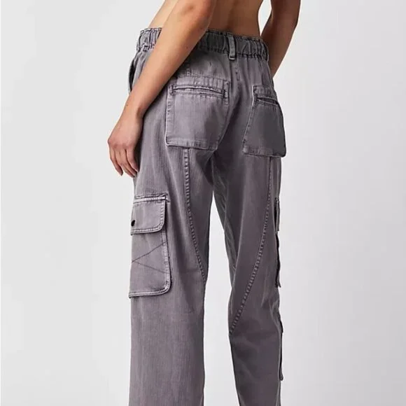 Free People Tahiti Light Blue Cotton Elastic Drawstring Waist Cargo Pants - Picture 3 of 8